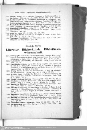 XXVI. Literatur. Bücherkunde. Bibliothekswissenschaft