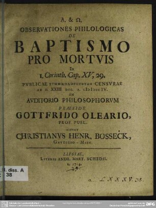 Observationes Philologicas de Baptismo Pro Mortuis : Ex I. Corinth. Cap. XV, 29.