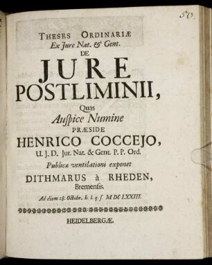 Theses Ordinariae Ex Iure Nat. & Gent. De Iure Postliminii