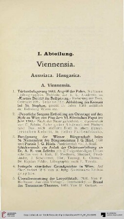 I. Abteilung: Viennensia. Austriaca. Hungarica (Nr. 1-160)