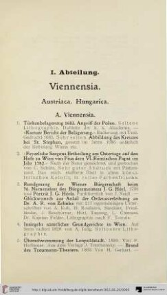 I. Abteilung: Viennensia. Austriaca. Hungarica (Nr. 1-160)