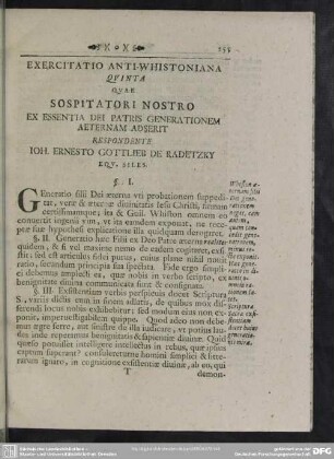 Exercitatio Anti-Whistoniana Quinta Quae Sospitatori Nostro Ex Essentia Dei Patris Generationem Aeternam Adserit Respondente Ioh. Ernesto Gottlieb De Radetzky Equ. Siles