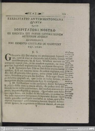 Exercitatio Anti-Whistoniana Quinta Quae Sospitatori Nostro Ex Essentia Dei Patris Generationem Aeternam Adserit Respondente Ioh. Ernesto Gottlieb De Radetzky Equ. Siles