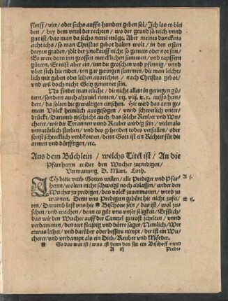 Aus dem Büchlein/ welchs Titel ist/ An die Pfarrherrn wider den Wucher zupredigen/ Vermanung D. Mart. Luth.