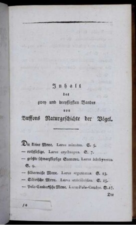 Inhalt des zwey und dreyßigsten Bandes von Buffons Naturgeschichte der Vögel.