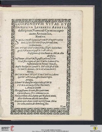 Compendium vitae et epitaphium Laurentii Abbatis [...]