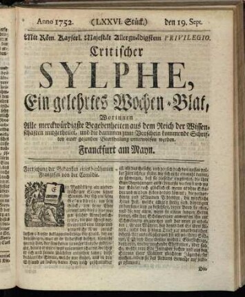 (LXXVI. Stück.) den 19. Sept. Anno 1752.