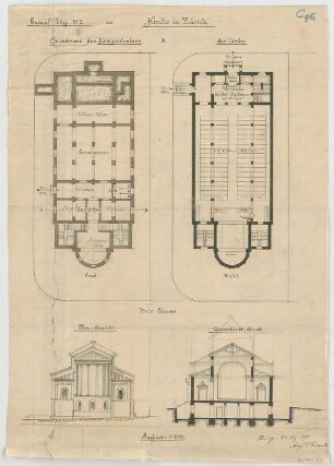 Thiersch, August ; Zürich (Schweiz); Kath. - Apostolische Kirche, Projekt - Grundriss, Grundriss EG, Ansicht, Querschnitt