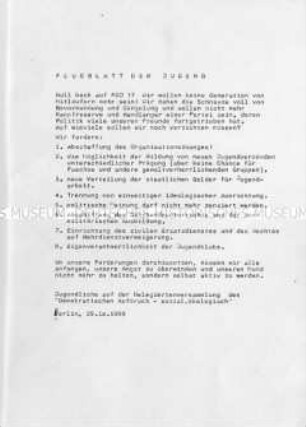 Flugblatt des Demokratischen Aufbruch (DA) mit Forderungen nach Beteiligung der Jugend bei der demokratischen Erneuerung in der DDR - Sachkonvolut