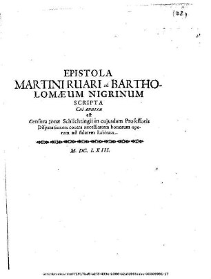 Epistola Martini Ruari ad Bartholomaeum Nigrinum scripta