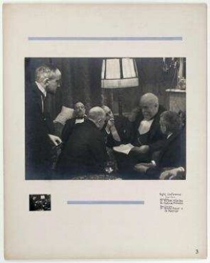 Nachtsitzung der deutschen und französischen Minister während der 2. Haager Konferenz, Den Haag. von links: Hermann Pünder, André Tardieu, Paul Moldenhauer (Rückenansicht), Julius Curtius, Henri Chéron, Carl Joseph Melchior