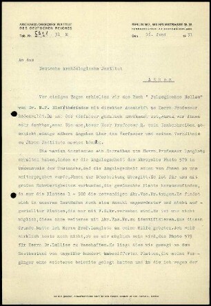 M. Wegner an DAI Athen
