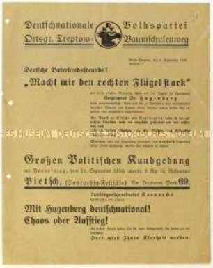 Ankündigung einer Kundgebung der Deutschnationalen Volkspartei am 11. September 1930 zur bevorstehenden Reichstagswahl