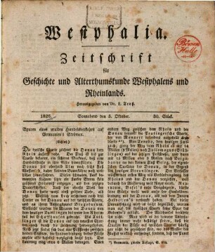 Westphalia : Zeitschrift für Geschichte und Alterthumskunde Westphalens und Rheinlands, 3. 1826, St. 30 - 52