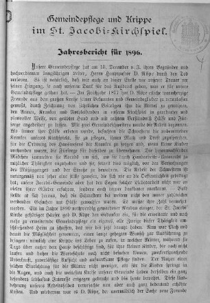 1896(1897): Gemeinde-Pflege und Krippe im St.-Jacobi-Kirchspiel : Jahresbericht