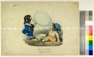 Karikatur mit Darstellung von zwei seifenblasenden Kindern (in englischer Sprache)