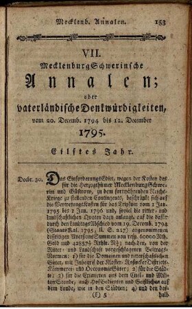VII. MecklenburgSchwerinsche Annalen; oder vaterlaendische Denkwuerdigkeiten, vom 20. Decemb. 1794 bis 12. December 1795