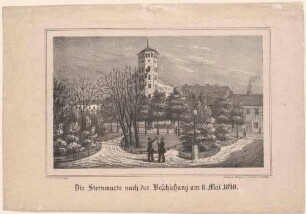 Maiaufstand 1849 in Dresden, das Turmhaus (Sternwarte, Webers Hotel) am Postplatz nach dem Aufstand am 6. Mai
