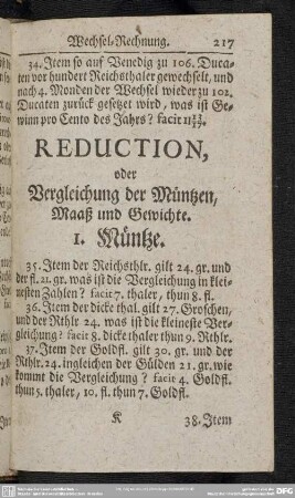 Reduction, oder Vergleichung der Müntzen, Maaß und Gewichte