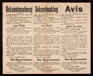 "Bekanntmachung" der Urteile des Feldgerichts vom 11./12.5.1916 (3 Todesurteile, davon 1 Begnadigung zu lebenslanger Gefängnisstrafe; 1 Gefängnisstrafe) (G.G. IIIb. 10199.)