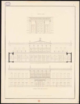 Privatgebäude (nach vorgeschriebenen Dimensionen und anderen Bedingungen): 3 Ansichten: Haupteingang, Vorderansicht und Gartenfassade