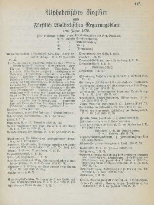 Alphabetisches Register zum Fürstlich Waldeckischen Regierungsblatt vom Jahre 1878