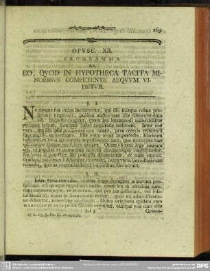 Opusc. XII. Programma De Eo, Quod In Hypotheca Tacita Minoribus Competente Aequum Videtur