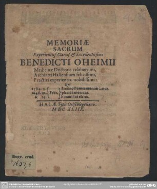 Memoriae sacrum Benedict Oheimii