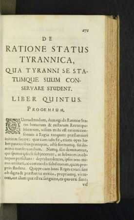 De Ratione Status Tyrannica, ... Liber Quintus.