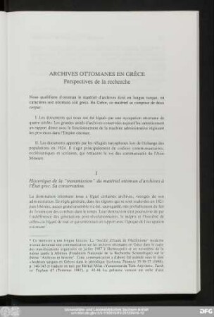 Archives Ottomanes En Grèce Perspectives de la recherche