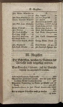 III. Register. Der Schrifften, welchen die Nahmen der Verfasser nicht beygefügt worden.