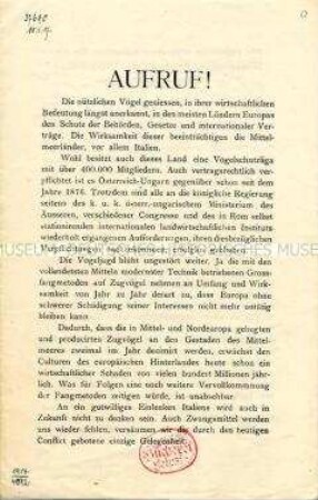 Aufruf zu einer internationalen Regelung des Vogelschutzes während des Krieges