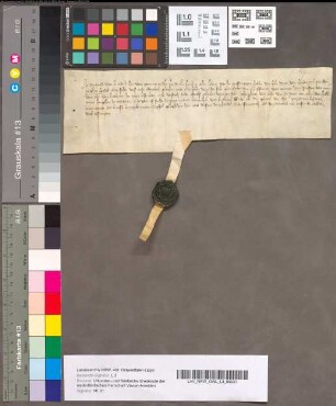Kwitantie van Reinoud van Brederode, Heer van Gennep, voor Heer Dirk van Hodenpijl, Priester, voor een jaarrente aan eerstgenoemde verschenen van den Heer van Brabant, 16 Augustus 1370. Perkament met 1 uithangend zegel.