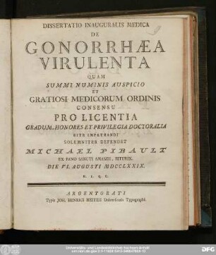 Dissertatio Inauguralis Medica De Gonorrhæa Virulenta
