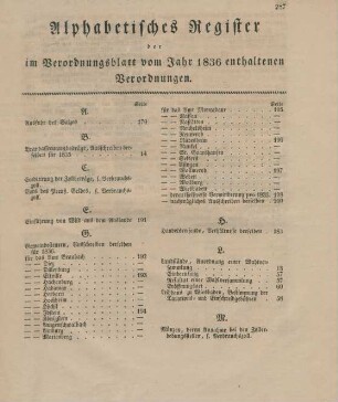 Alphabetisches Register der im Verordnungsblatt vom Jahr 1836 enthaltenen Verordnungen