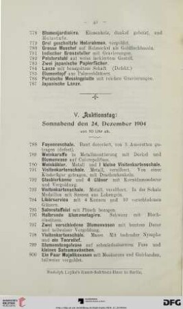 V. Auktionstag: Sonnabend, 24. Dezember 1904 von 10 Uhr ab (Nr. 788-972)