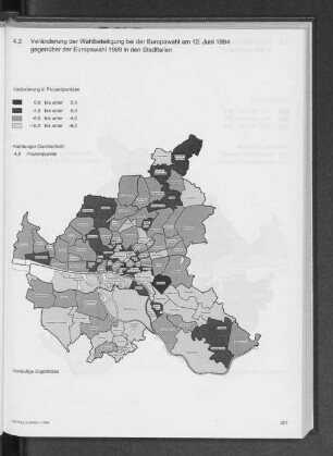 4.2 Veränderung der Wahlbeteiligung bei der Europawahl am 12. Juni 1994 gegenüber der Europawahl 1989 in den Stadtteilen