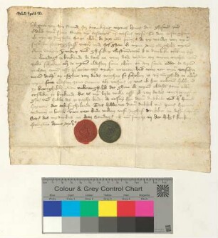 Testament der Grete van dem Sande, besiegelt durch die Ratsmannen Ditmer Dukkel und Hinrik Hoyman.