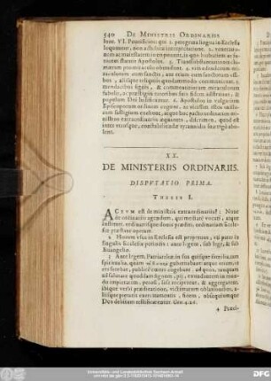 XX. De Ministeriis Ordinariis. Disputatio Prima.