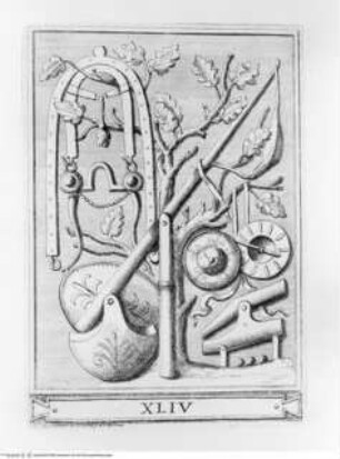 Memorie concernenti la città di Urbino dedicate alla Sagra Real Maestà di Giacomo III Re della Gran Bretagna, Eiche mit Kriegsgerät; (Blatt 44)