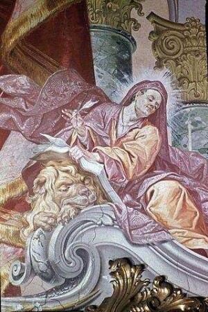 Die Evangelisten Markus und Johannes und Engel mit Vorhangdraperie