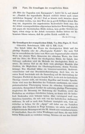 270-271 [Rezension] Piper, Otto A., Die Grundlagen der evangelischen Ethik; II. Band