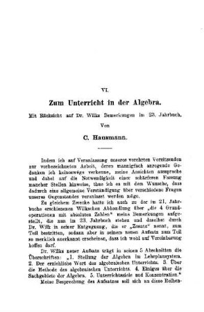 Zum Unterricht in der Algebra : mit Rücksicht auf Dr. Wilks Bemerkungen im 23. Jahrbuch