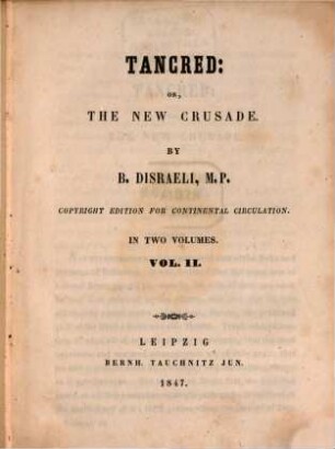 Tancred: or, The new crusade, 2