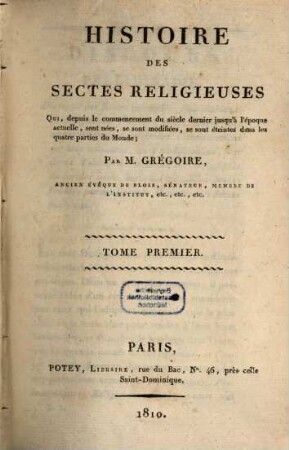 Histoire des Sectes réligeuses, Tome 1 (1810)