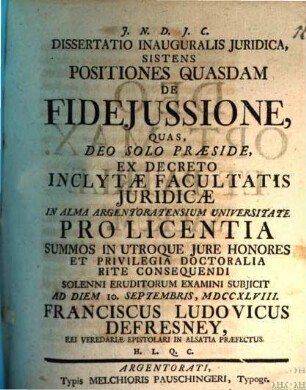 Diss. inaug. iur. sistens positiones quasdam de fideiussione
