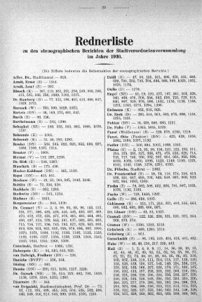 Rednerliste zu den stenographischen Berichten der Stadtverordnetenversammlung im Jahre 1930