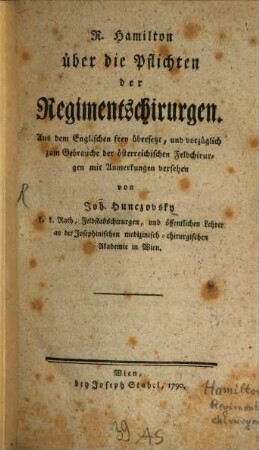 R. Hamilton Über die Pflichten der Regimentschirurgen