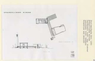 Evangelische Kirche (Diplomarbeit bei Kurt Dübbers): Grundriss Obergeschoss und Schnitt 1:200