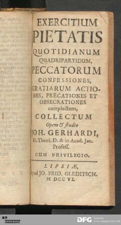 Exercitium Pietatis Quotidianum Quadripartidum, Peccatorum Confessiones...